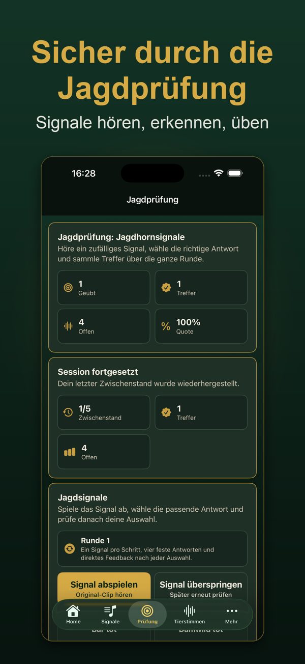 App-Ansicht: Prüfungstrainer spielt ein Signal ab und fragt die richtige Antwort ab