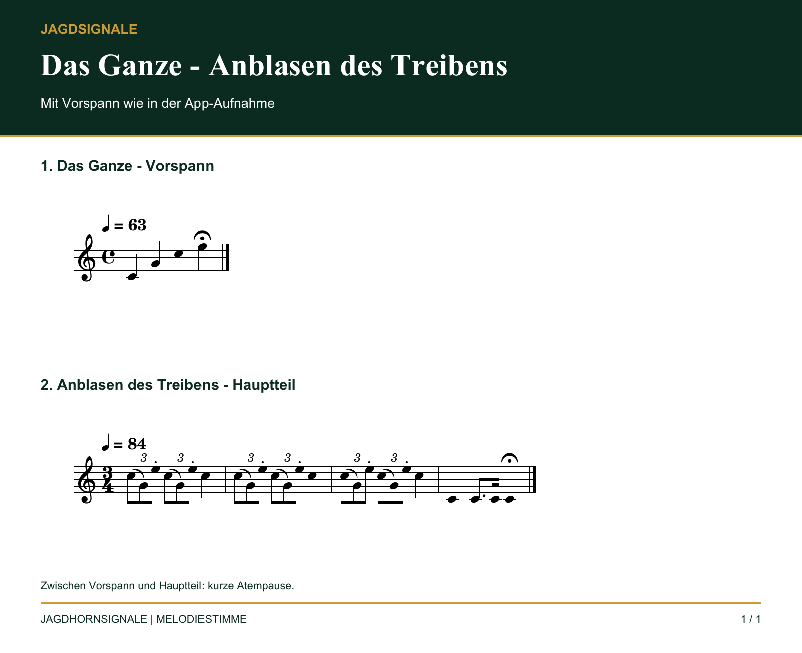 Notenblatt: Das Ganze und Anblasen des Treibens für das Jagdhorn